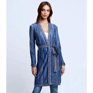 NWT L'Agence Knit Striped Tie Waist Berkeley Wrap Cardigan Blue Metallic Size XS